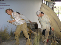 Photo: The strain on the faces of the expedition’s members as they haul a heavy canoe carved out of a tree trunk up a steep slope is accurately captured in this Interpretive Center exhibit.