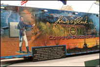 Photo: Exterior of the National Park Service 'Corps of Discovery II' traveling exhibit at the campus of Dana College in the nearby town of Blair, NE, part of the 'First Council' Lewis and Clark signature event, July 31-August 3, 2004. 
