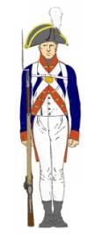 Image 10. Private of artillery. The artillery uniform was distinguished by the yellow lace, brass buttons, and cocked hat. Notice the brass picker and brush. It was suspended from a button on the side nearest where the soldier would have held his musket or rifle to prime the pan in preparation for firing. 