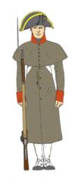 Image 13: Private of artillery in watchcoat. The watchcoat is based on civilian overcoats of the period. The cape is incorrectly shown, it would have flared outward. Accouterments were worn outside of the coat. Notice the gaitered overalls.