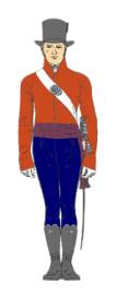 Image 4: Infantry officer in roundabout. Notice the location of the sleevehead. The belt plate color is incorrect and should be silver. The sash should be red.