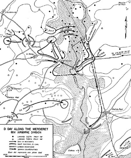 Map, D-Day Along the Merdet - 82d Airborne Division