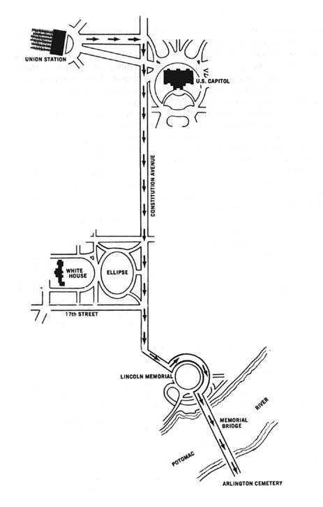 Diagram 113. Route of march, Union Station to Arlington National Cemetery.  Click on image to view larger scale diagram.