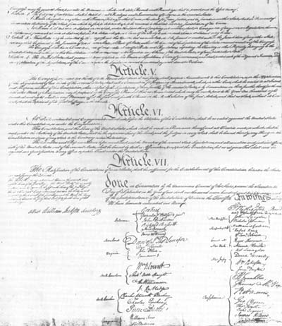 Last page of the Constitution showing the forty signatures