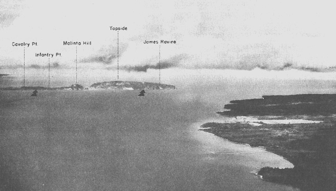 Photo:  Heavy clouds over Corregidor. "With the southern tip of Bataan in their possession they could now emplace artillery on the heights of the Mariveles Mountains and along the shore near Cabcaben, only two miles across the channel from Corregidor." Arrows indicate planned Japanese landings.