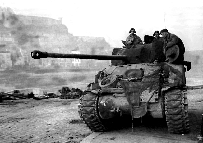 Photo:  British tank patrolling the Meuse at Namur