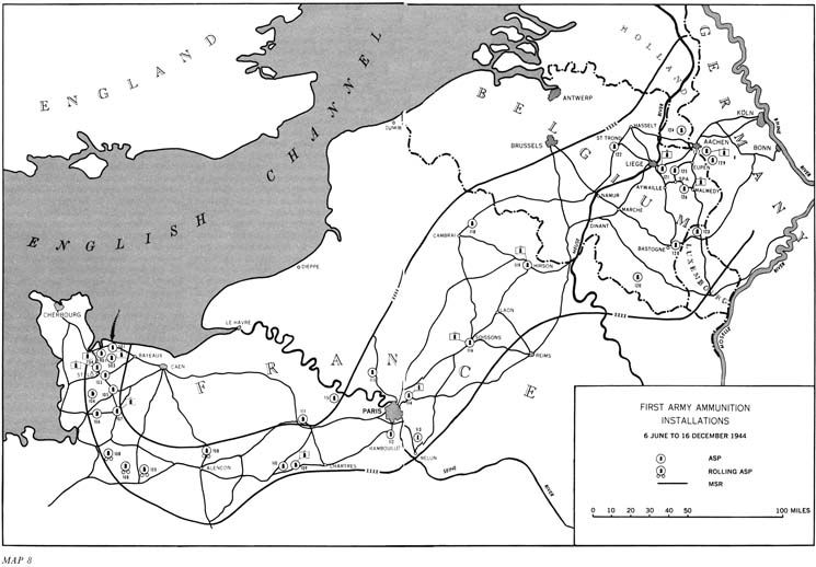 Map 8:  First Army Ammunition Installations, 6 June to 16 December 1944