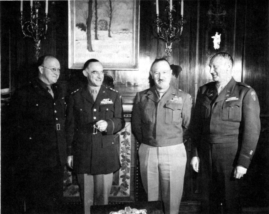 Photo, GENERAL CLAN (Second from left) AT LAENDERRAT MEETING. On his right Regional Government Co-ordinator, Dr. Pollock. On his left General Muller and Colonel Newman, Military Government Directors for Bavaria and Greater Hesse.