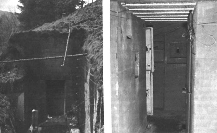 Photo:  Typical Pillbox. Above (left) exterior, showing door with firing embrasure. Interior of firing embrasure at right. Below (left) bunk area, and (right) ventilation device.