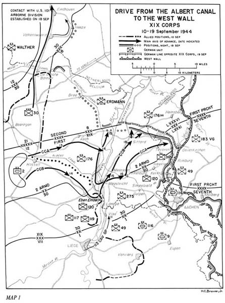Photo: Map 1; Drive from the Albert Canal to the West Wall XIX Corps 10-19 September 1944