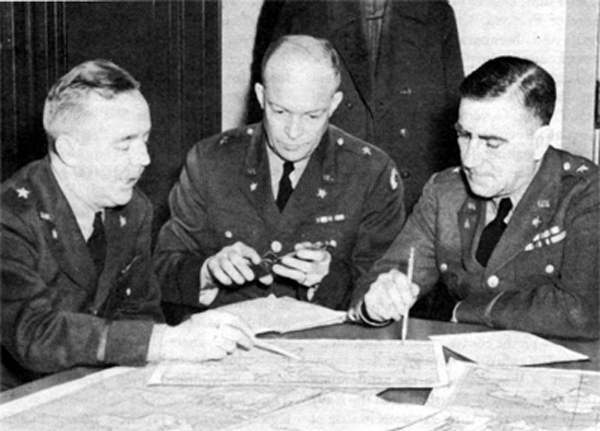 Photo - CHIEF OF WAR PLANS DIVISION AND HIS DEPUTIES, January 1942. Left to right: Brig. Gen. Robert W. Crawford; Brig. Gen. Dwight D. Eisenhower; and Brig. Gen. Leonard T. Gerow, Chief.