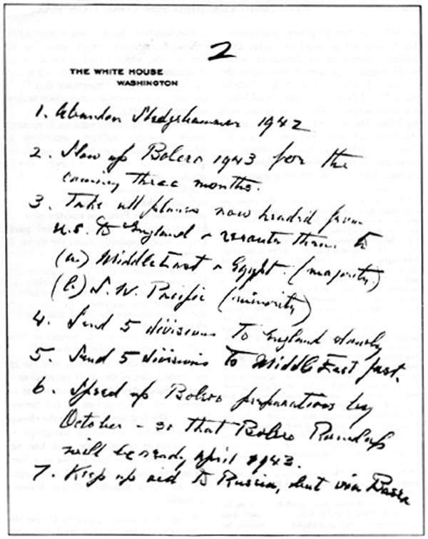 ALTERNATE SETS OF SUGGESTIONS, IN PRESIDENT'S HANDWRITING, given to General Marshall on 15 July 1942 to govern the negotiations at the London conference. This was a rough draft; the final instructions were given to the American delegates the following day, click for the text version