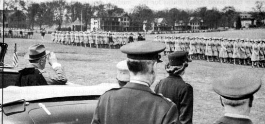 THE PRESIDENT AND MRS. FRANKLIN D. ROOSEVELT visit the Waacs in the spring of 1943. Mr. Roosevelt reviews the troops al Fort Oglethorpe, Georgia.