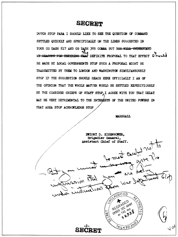 A REVISION BY THE CHIEF OF STAFF. The alterations by pen, in this draft of a memorandum prepared in WPD, are in General Marshall's script.