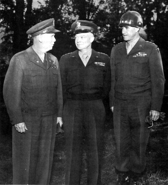 THE CHIEF OF STAFF IN WORLD WAR II AND HIS SUCCESSORS. General Marshall at Verdun in 1944 with Gen. Dwight D. Eisenhower, then Supreme Commander, Allied Expeditionary Forces, and Lt. Gen. Omar N. Bradley, then commanding the 12th Army Group. Eisenhower became Chief of Staff in 1945, Bradley in 1948.