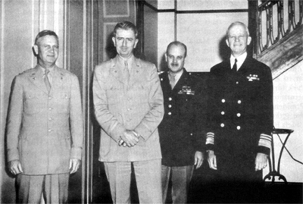 TOP MILITARY PLANNERS AT QUEBEC. From left: Mal'. Gen Thomas T. Handy, Brig. Gen. Albert C. Wedemeyer, Mai. Gen. Muir S. Fairchild, and Vice Adm. Russell Willson