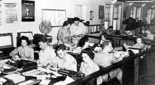 WOMEN ASSIGNED TO THE ARMY GROUND FORCES work alongside soldiers at Camp Dams, North Carolina, above; WAAC ex-school teachers outline courses for the enlisted personnel elementary school at Fort Sill, Oklahoma, below.