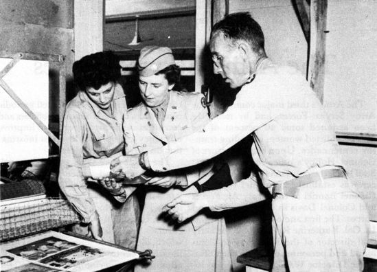 LT COL. KATHERINE R. GOODWIN (center) visits the Signal Corps photographic laboratory at Camp Hood, Texas, August 1914.