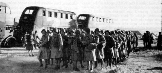 ARRIVING IN SYDNEY, AUSTRALIA, on 12 May 1944, above. Two days later members of the first contingent board buses for their new camp at Yeronga Park.