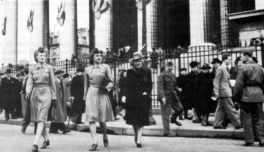ON LEAVE IN PARIS, 1945, Note of-duty dresses, above, and battle jackets (left), below, worn by the women.