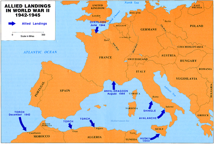 Map, Allied Landings in World War II 1942-1945 (map)