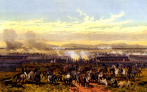 Painting:  First phase of the Battle of Palo Alto.  The U.S. infantrymen are standing in ranks as the American artillery wreaks havoc on the Mexican lines.