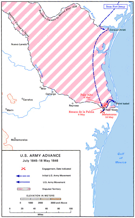 Map:  U.S. Army Advance, July 1845-18 May 1846