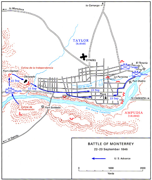 Map:  Battle of Monterrey, 22-23 September 1846