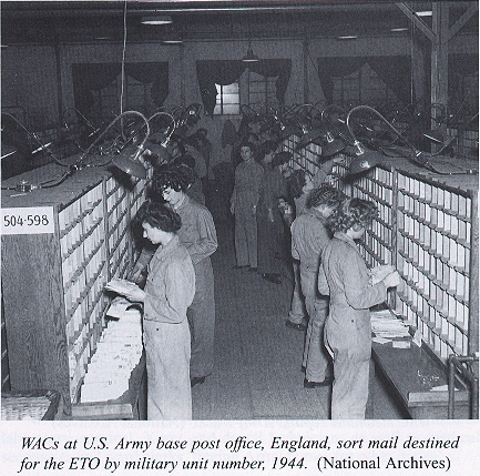 WACs at U.S. Army base post office, England, sort mail destined for the ETO by military unit number, 1944.
