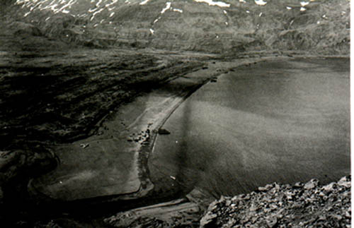The west arm of Holtz Bay viewed from the ridge over which the troops advanced onto Attu. Note the crashed Japanese Zero.