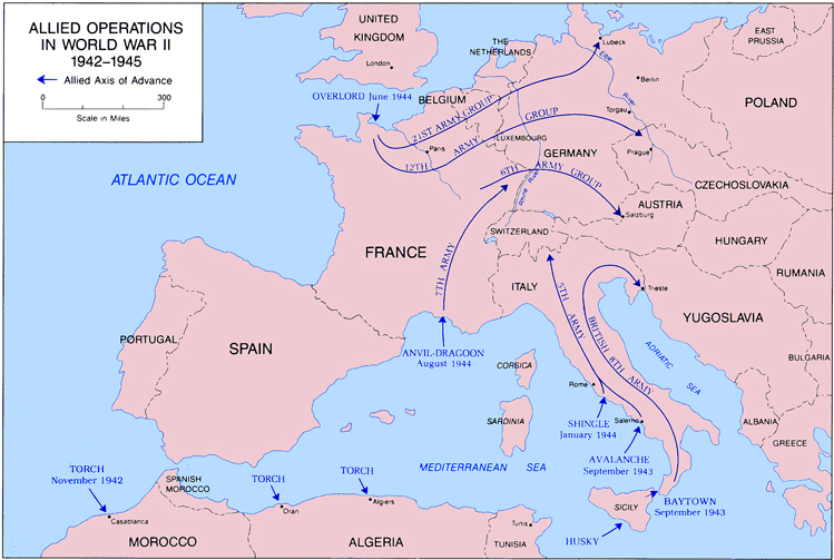 Map:  Allied Operations in World War II, 1942-1945.