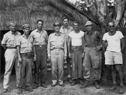 American officers of Detachment 101 with General Sultan at an advanced ranger base in Burma, June 1945. Colonel Peers, detachment commander, is third from left.