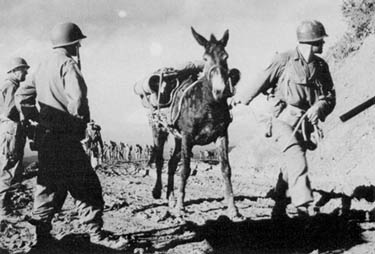 Brig. Gen. Frank D. Merrill (far left) watches troops cross into Burma on the Ledo Road.