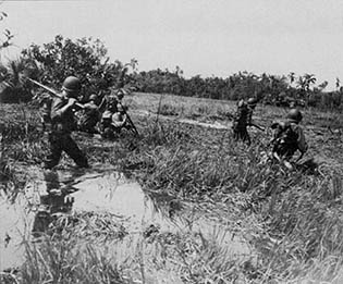 1st Cavalry Division troops advance inland through swampy terrain