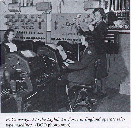 WAC assigned to the Eighth Air Force in England operate teletype machines.