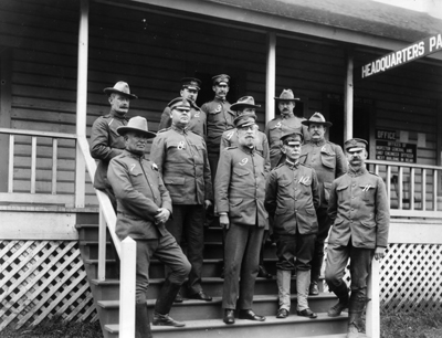 Photo:  SC95082 - Some of the staff officers of the Pacific Military Division at the time of the San Francisco Earthquake (pictured here at the Presidio):  Back Row (left to right they are numbered 1 through 6): Lieutenant Colonel Lea Febiger, Captain Frank L. Winn, Major Henry B. Moon, Captain W.W. Hartz, Captain W.G. Haan, and Lieutenant Colonel G.K. McGunnegle.  Front Row (left to right they are numbered 7 through 11): Lieutenant Colonel W.L. Pitcher, Major General S.W. Dunning, Major General A.W. Greely, Colonel Sedgewick Pratt, and Major C.A. Devol.