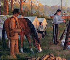 Painting: Corps of Discovery in Camp, by Kathy Dickson, U.S. Army Corps of Engineers, Park Ranger, St. Louis District