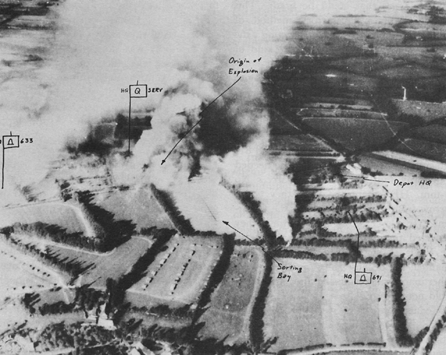 Photo:  The fire at Depot 101 in the hedgerows behind Utah Beach